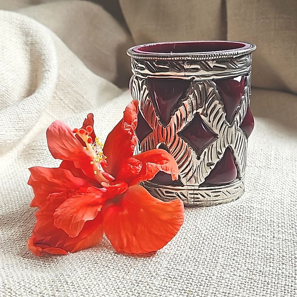 Small Red Glass Vase Encased in Silver Metal - oval